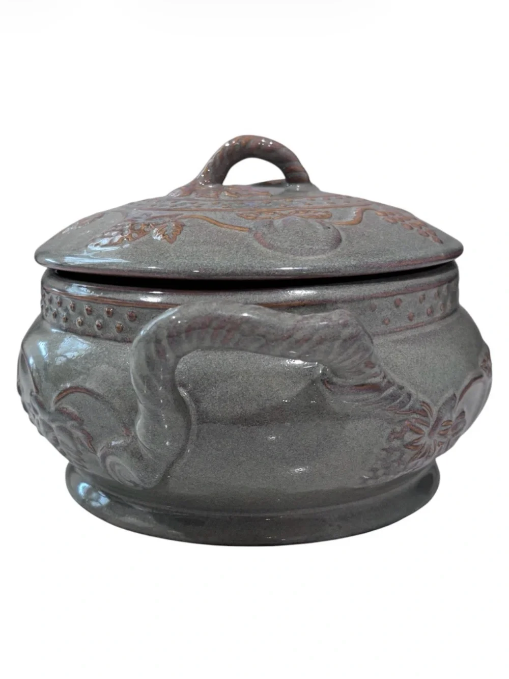 Handmade Stone Wear Pottery Handled Bean Pot Raised Design Gold Trim Accents